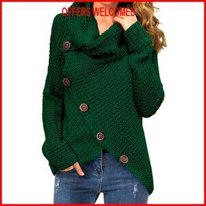 Acrylic Chunky Turtleneck Pullover Sweater Asymmetric Hem Loose Fit